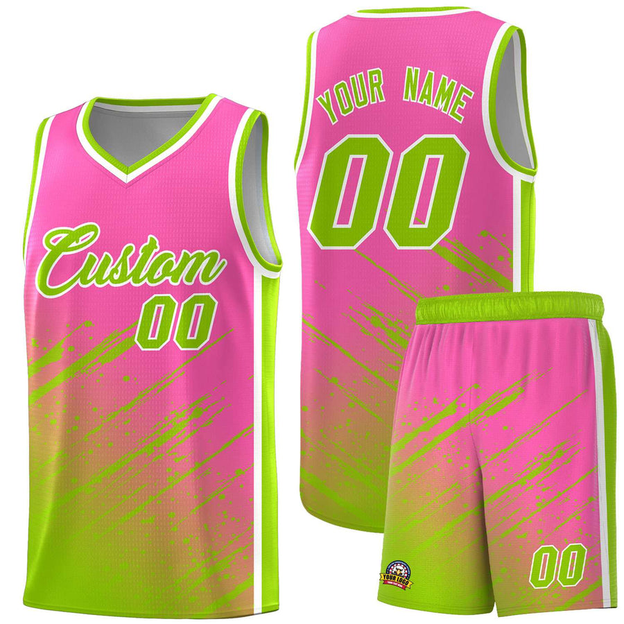 Custom Pink Neon Green Splash Basketball Uniforms - Stretchy for Match | BuyFootballJersey