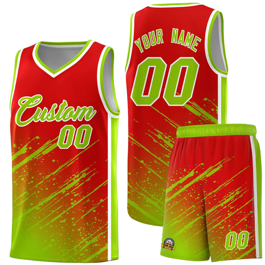 Custom Red Neon Green Splash Basketball Uniforms - Comfortable for Team | BuyFootballJersey