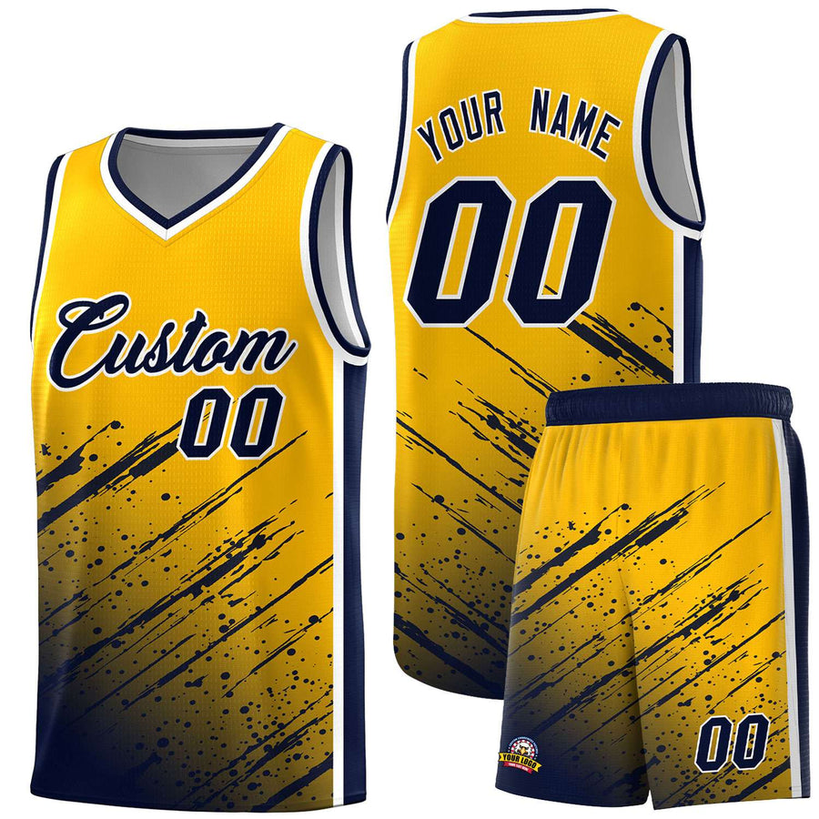 Custom Yellow Navy Splash Basketball Uniforms - Breathable Mesh for Team | BuyFootballJersey