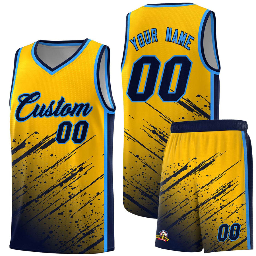 Custom Yellow Navy Splash Basketball Uniforms - Stretchy for Summer Camp | BuyFootballJersey