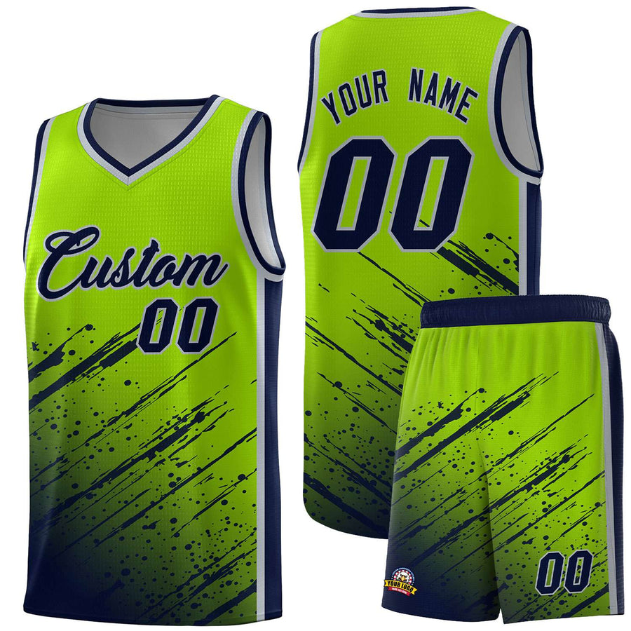 Custom Neon Green Navy Splash Basketball Uniforms - Breathable for Team | BuyFootballJersey