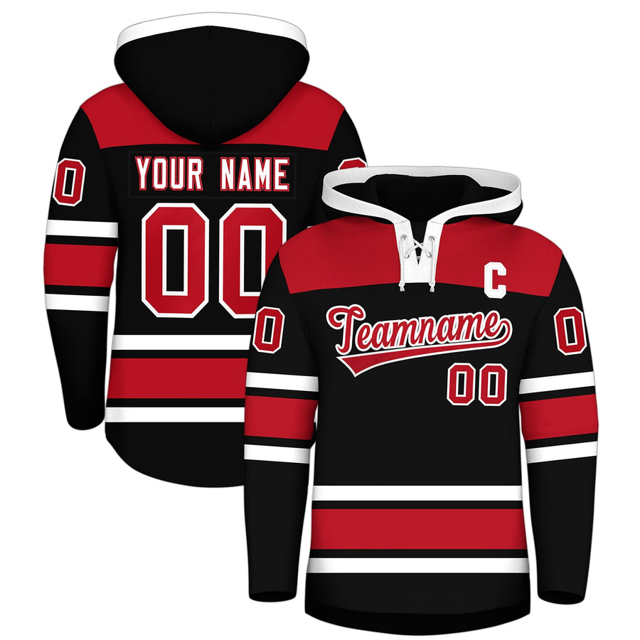 Custom Black Red Raglan Sleeves Lace-Up Neck Breathable Hockey Hoodie Jersey | BuyFootballJersey
