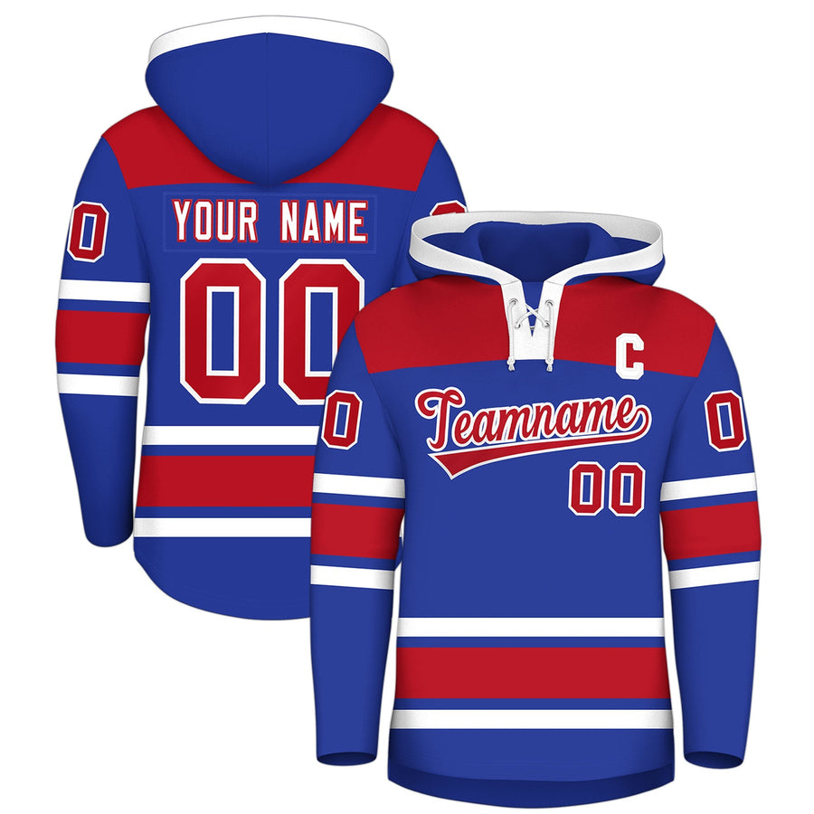 Custom Royal Blue Red Raglan Sleeves Lace-Up Neck Breathable Hockey Hoodie Jersey | BuyFootballJersey