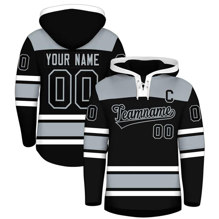 Custom Black Silver Raglan Sleeves Lace-Up Neck Breathable Hockey Hoodie Jersey | BuyFootballJersey