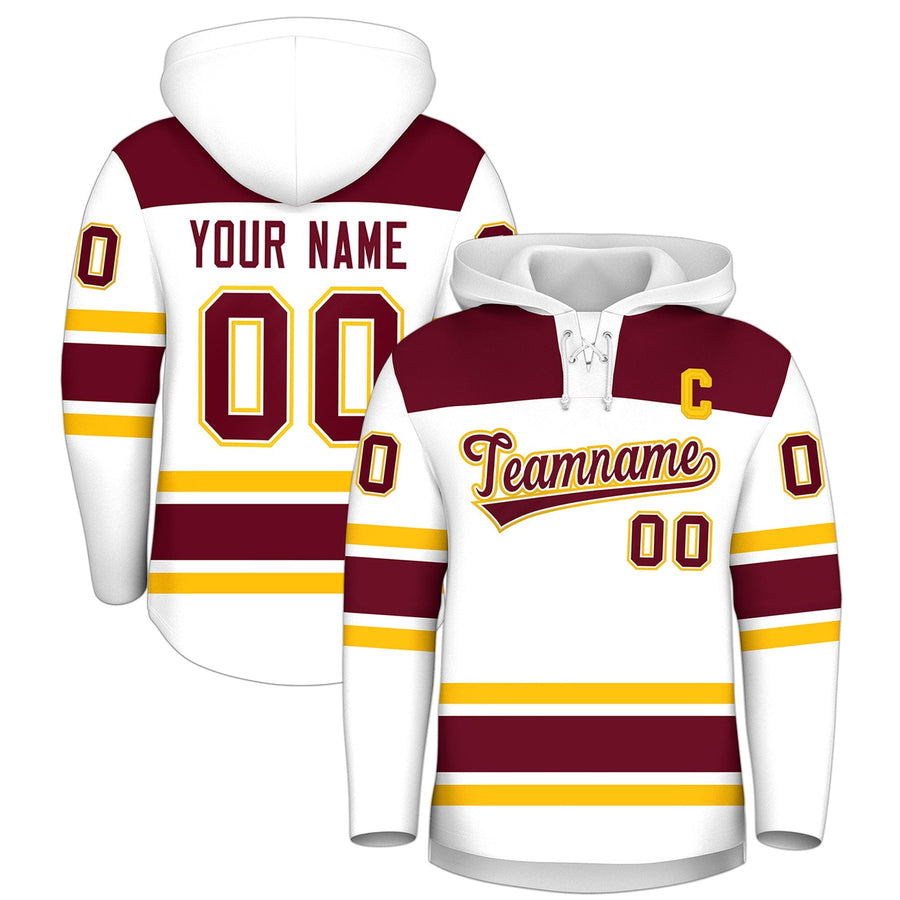 Custom White Crimson Raglan Sleeves Lace-Up Neck Breathable Hockey Hoodie Jersey | BuyFootballJersey
