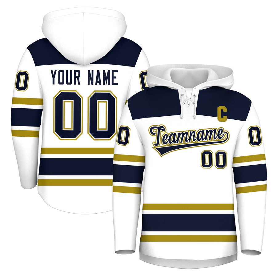 Custom White Navy Raglan Sleeves Lace-Up Neck Breathable Hockey Hoodie Jersey | BuyFootballJersey