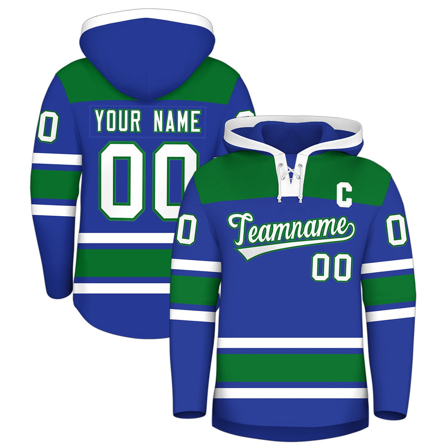 Custom Royal Blue Kelly Green Raglan Sleeves Lace-Up Neck Breathable Hockey Hoodie Jersey | BuyFootballJersey