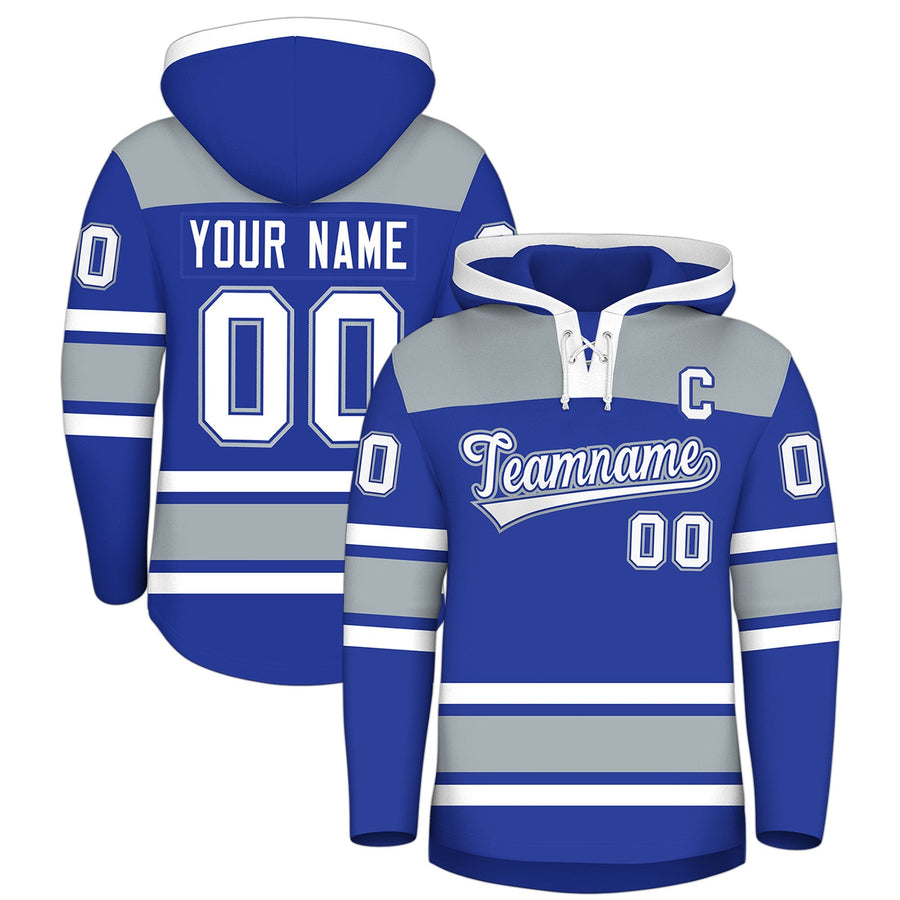 Custom Royal Blue Silver Raglan Sleeves Lace-Up Neck Breathable Hockey Hoodie Jersey | BuyFootballJersey