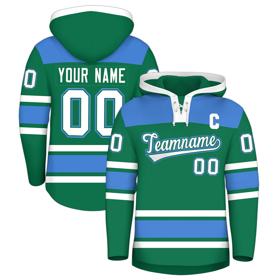 Custom Kelly Green Powder Blue Raglan Sleeves Lace-Up Neck Breathable Hockey Hoodie Jersey | BuyFootballJersey