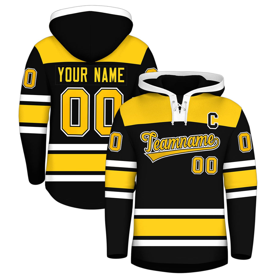 Custom Black Gold Raglan Sleeves Lace-Up Neck Breathable Hockey Hoodie Jersey | BuyFootballJersey