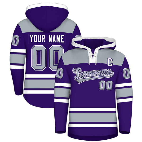 Custom Purple Silver Raglan Sleeves Lace-Up Neck Breathable Hockey Hoodie Jersey | BuyFootballJersey