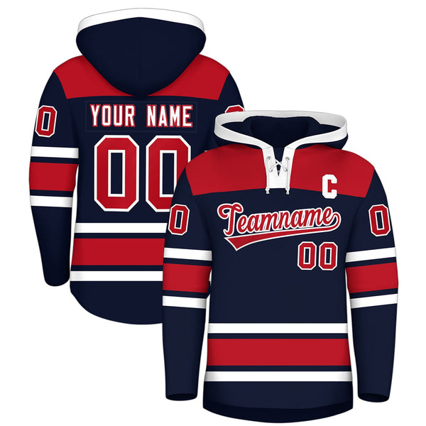 Custom Navy Red Raglan Sleeves Lace-Up Neck Breathable Hockey Hoodie Jersey | BuyFootballJersey
