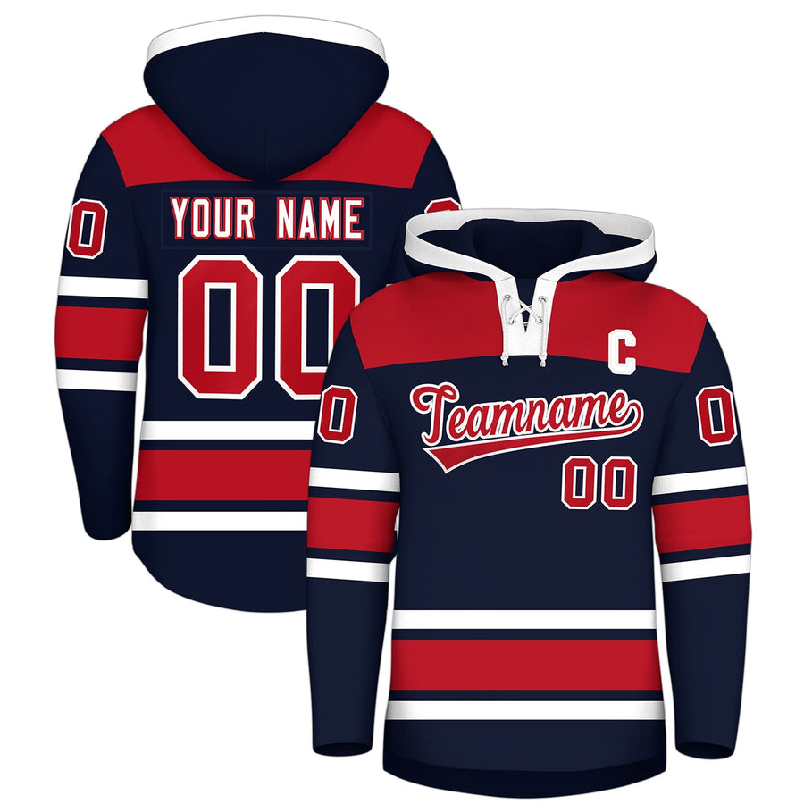 Custom Navy Red Raglan Sleeves Lace-Up Neck Breathable Hockey Hoodie Jersey | BuyFootballJersey