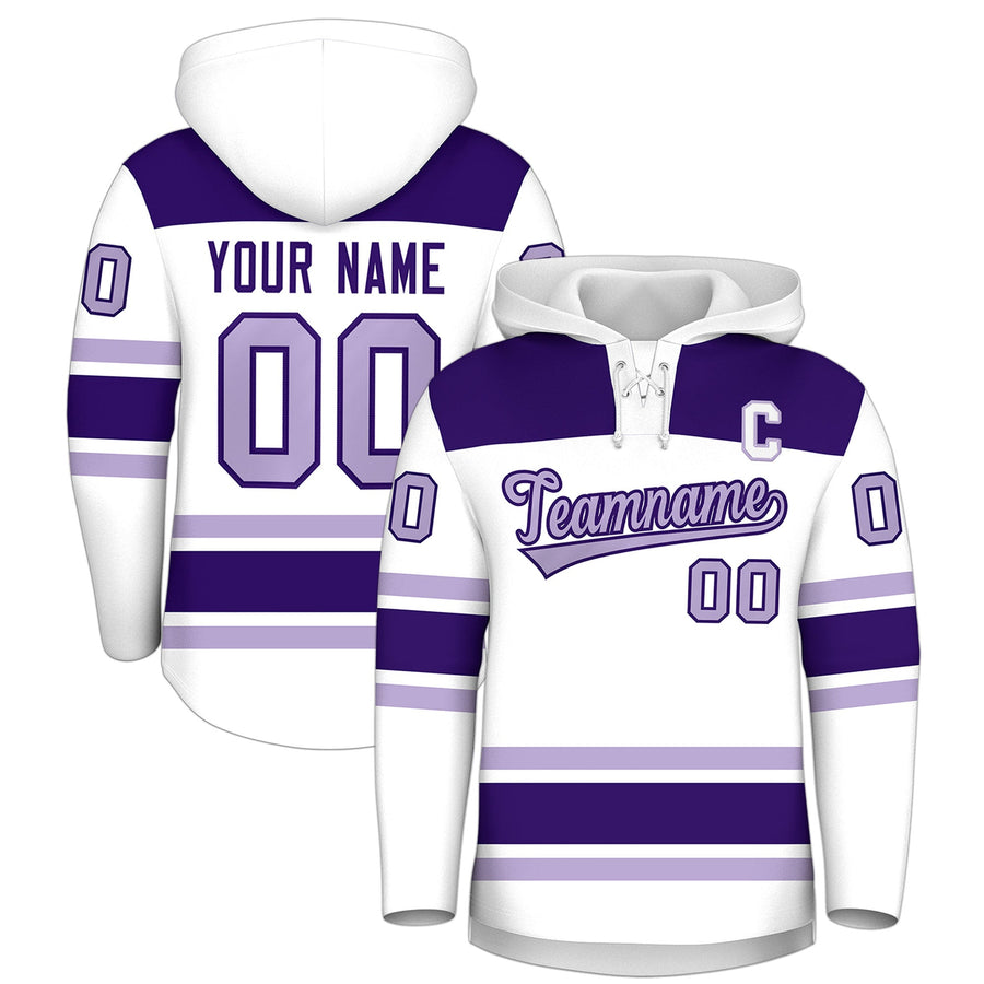 Custom White Purple Raglan Sleeves Lace-Up Neck Breathable Hockey Hoodie Jersey | BuyFootballJersey