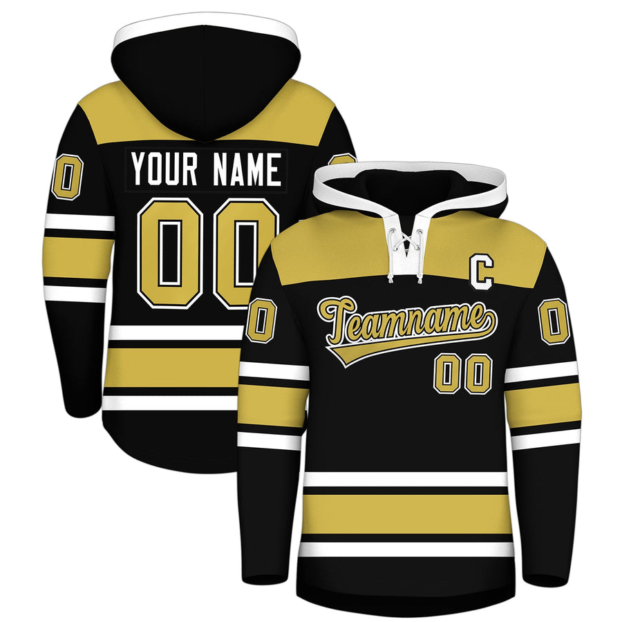 Custom Black Old Gold Raglan Sleeves Lace-Up Neck Breathable Hockey Hoodie Jersey | BuyFootballJersey