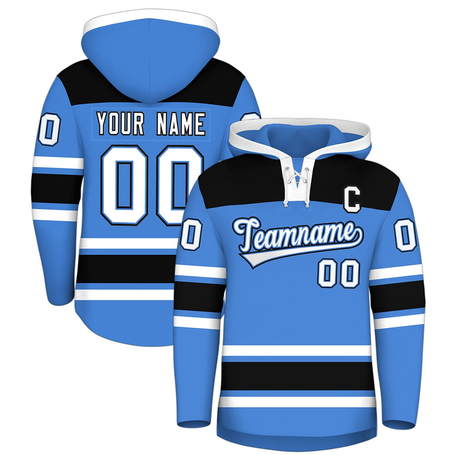 Custom Powder Blue Black Raglan Sleeves Lace-Up Neck Breathable Hockey Hoodie Jersey | BuyFootballJersey