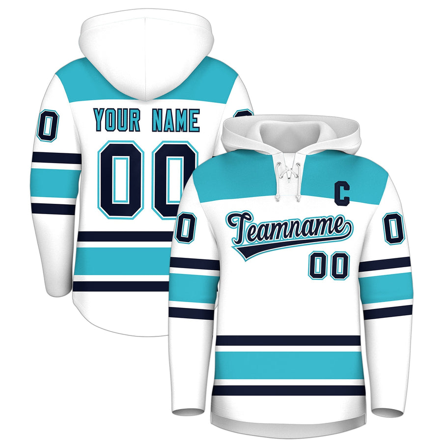 Custom White Sky Blue Raglan Sleeves Lace-Up Neck Breathable Hockey Hoodie Jersey | BuyFootballJersey