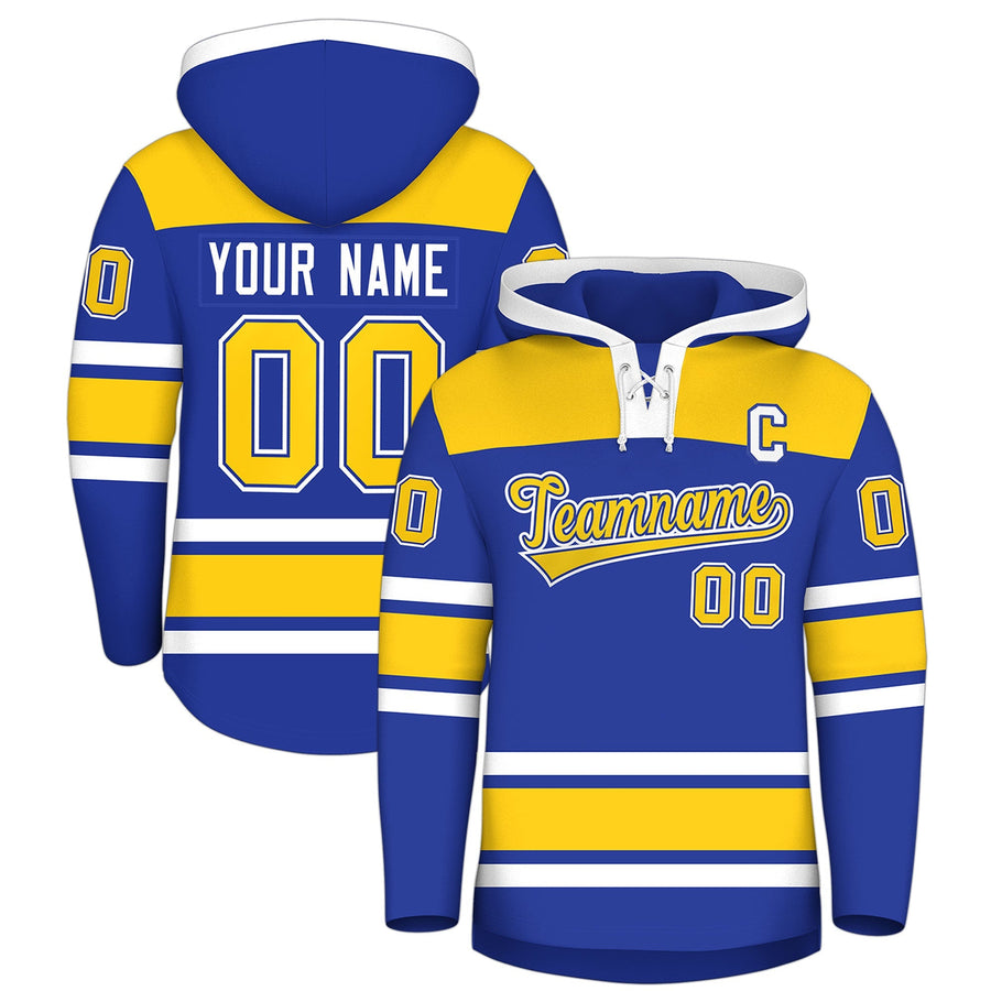 Custom Royal Blue Gold Raglan Sleeves Lace-Up Neck Breathable Hockey Hoodie Jersey | BuyFootballJersey