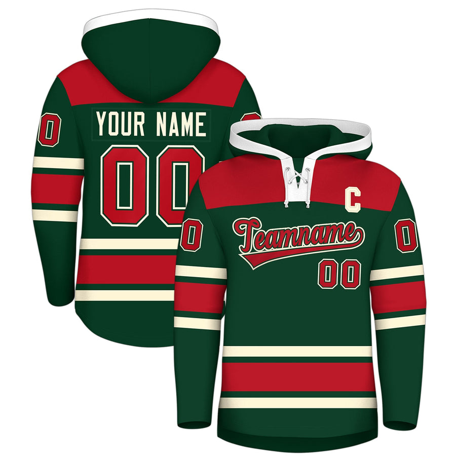 Custom Green Red Raglan Sleeves Lace-Up Neck Breathable Hockey Hoodie Jersey | BuyFootballJersey