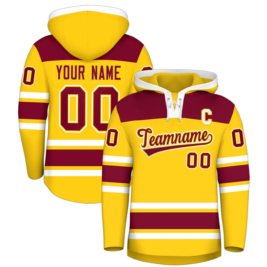 Custom Gold Crimson Raglan Sleeves Lace-Up Neck Breathable Hockey Hoodie Jersey | BuyFootballJersey