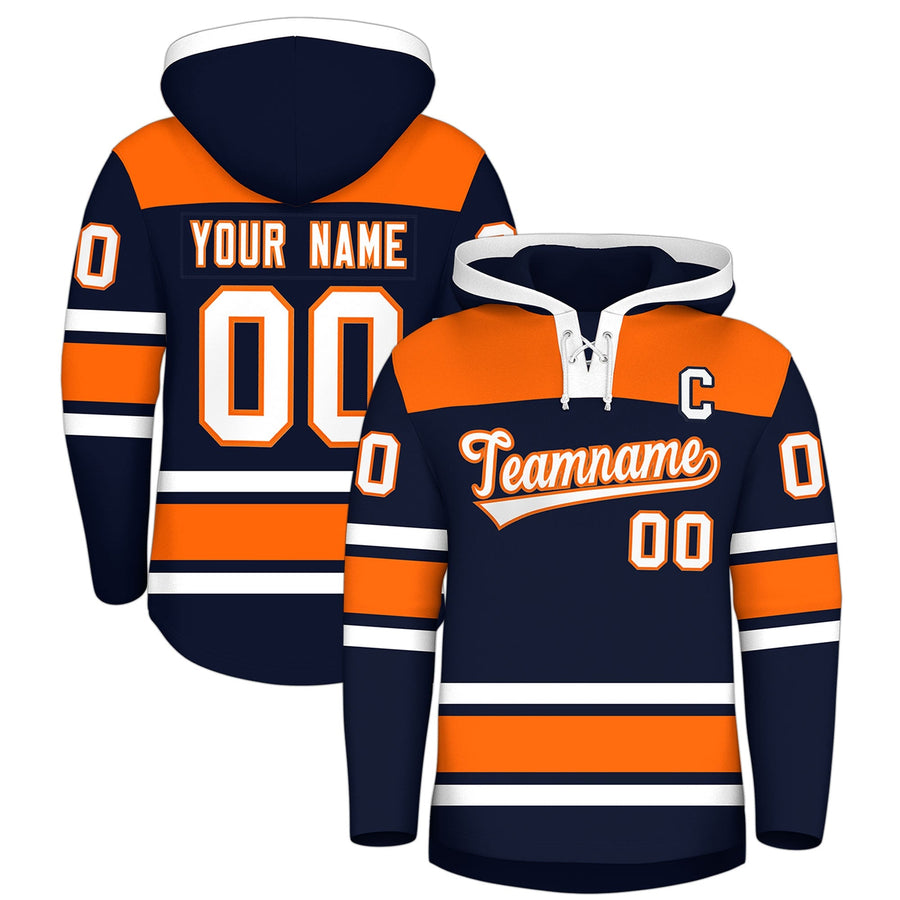 Custom Navy Orange Raglan Sleeves Lace-Up Neck Breathable Hockey Hoodie Jersey | BuyFootballJersey