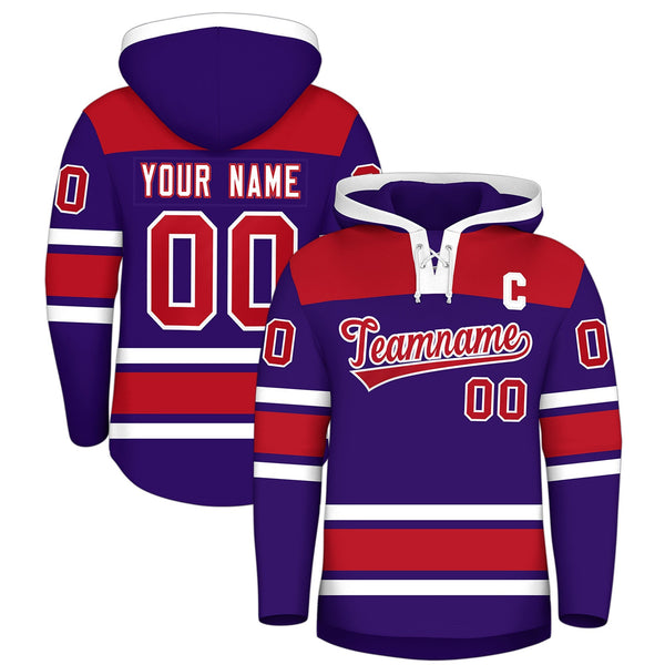 Custom Purple Red Raglan Sleeves Lace-Up Neck Breathable Hockey Hoodie Jersey | BuyFootballJersey