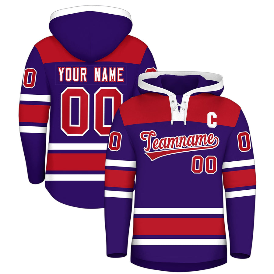 Custom Purple Red Raglan Sleeves Lace-Up Neck Breathable Hockey Hoodie Jersey | BuyFootballJersey