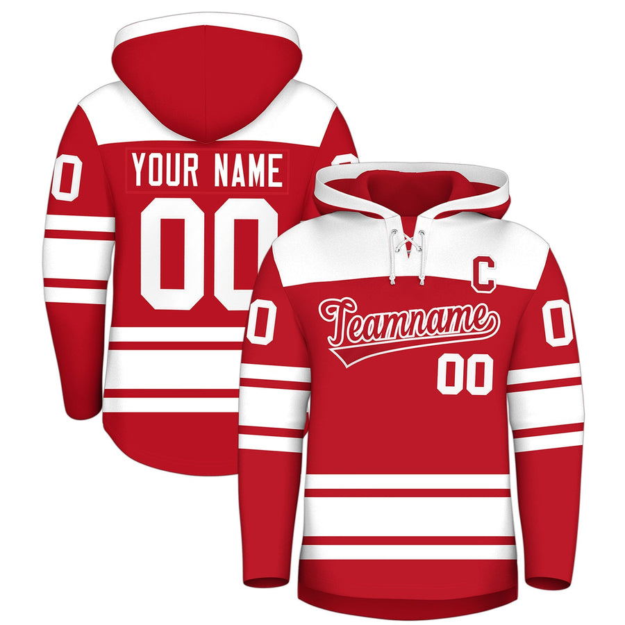Custom Red White Raglan Sleeves Lace-Up Neck Breathable Hockey Hoodie Jersey | BuyFootballJersey