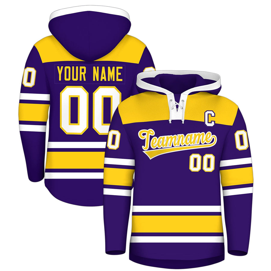 Custom Purple Gold Raglan Sleeves Lace-Up Neck Breathable Hockey Hoodie Jersey | BuyFootballJersey