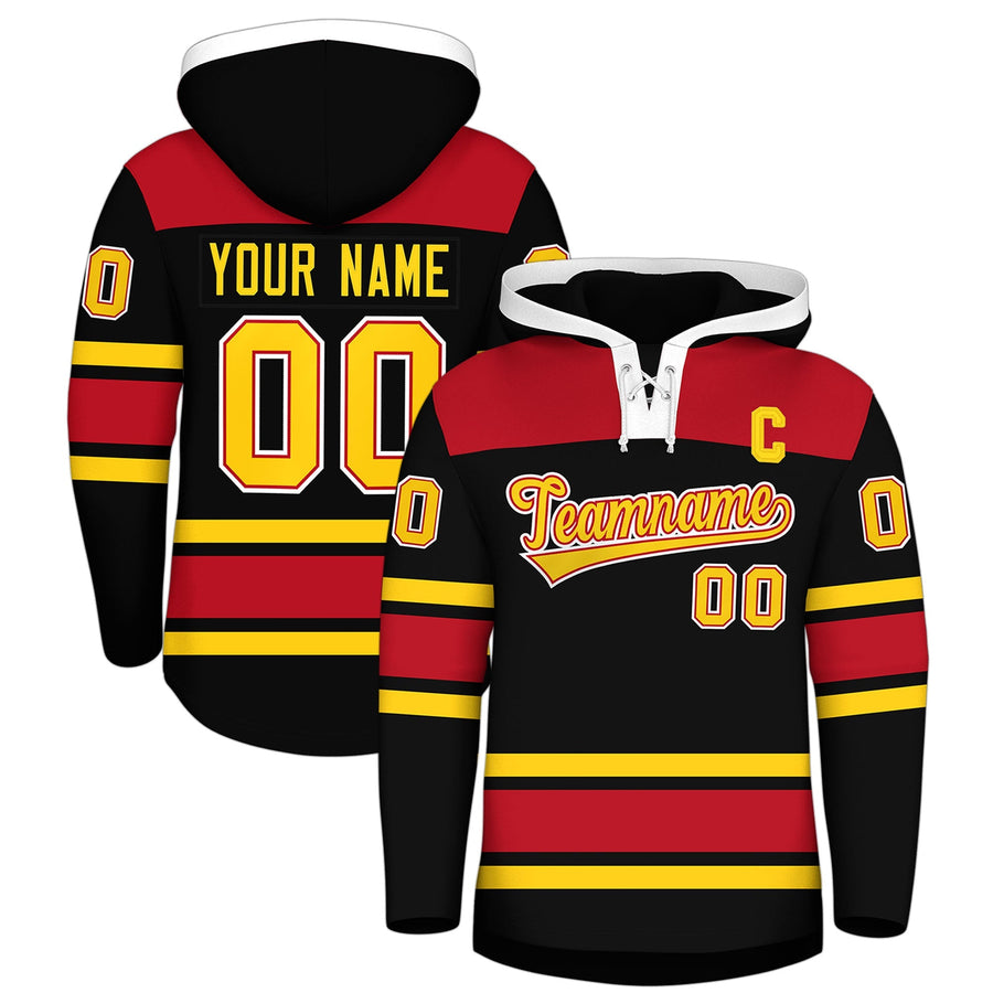 Custom Black Red Raglan Sleeves Lace-Up Neck Breathable Hockey Hoodie Jersey | BuyFootballJersey