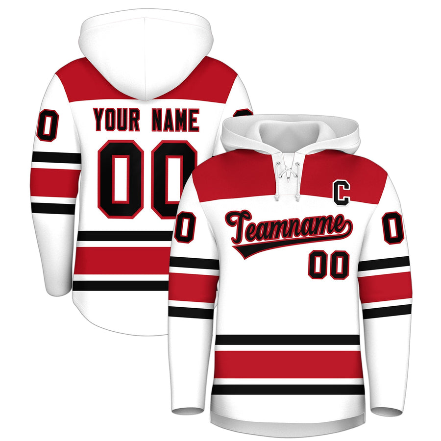 Custom White Red Raglan Sleeves Lace-Up Neck Breathable Hockey Hoodie Jersey | BuyFootballJersey