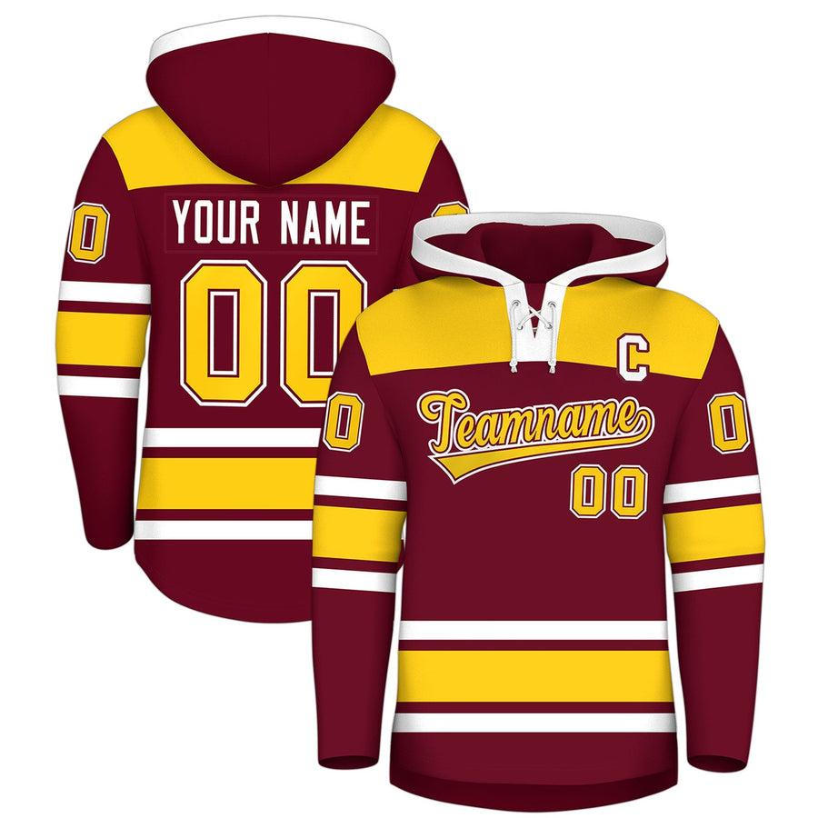 Custom Crimson Gold Raglan Sleeves Lace-Up Neck Breathable Hockey Hoodie Jersey | BuyFootballJersey