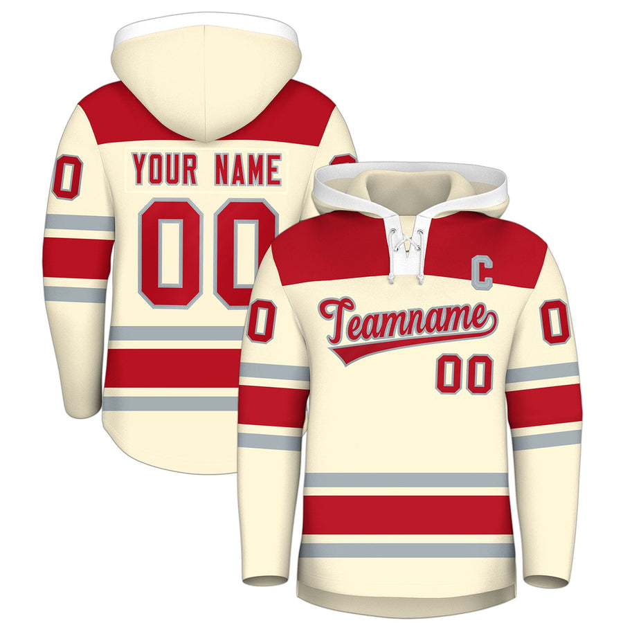 Custom Cream Red Raglan Sleeves Lace-Up Neck Breathable Hockey Hoodie Jersey | BuyFootballJersey