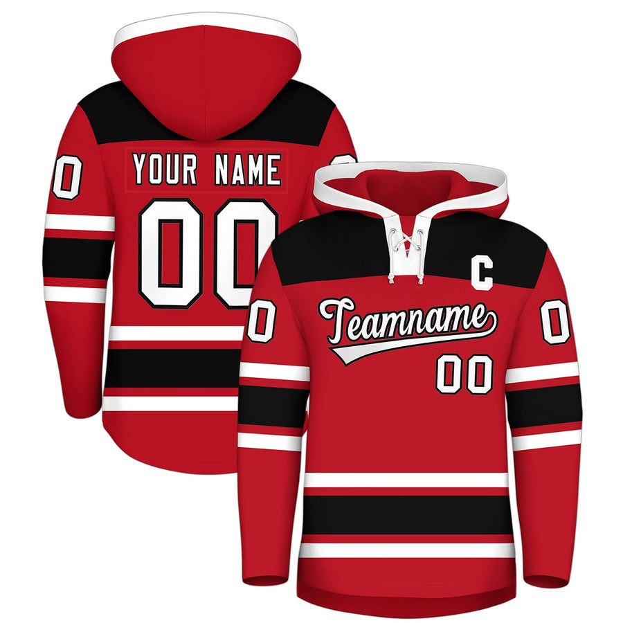 Custom Red Black Raglan Sleeves Lace-Up Neck Breathable Hockey Hoodie Jersey | BuyFootballJersey