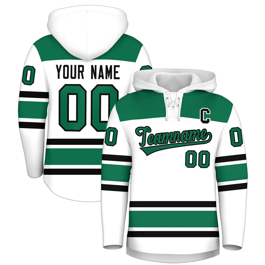 Custom White Kelly Green Raglan Sleeves Lace-Up Neck Breathable Hockey Hoodie Jersey | BuyFootballJersey