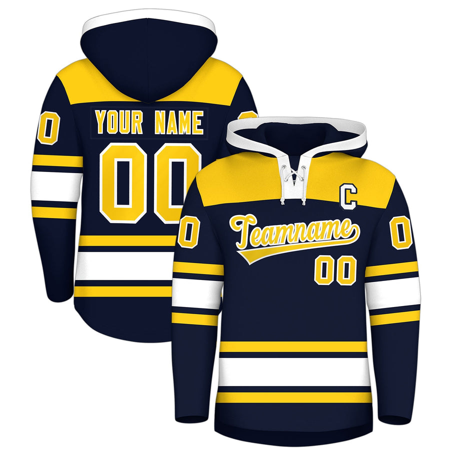 Custom Navy Gold Raglan Sleeves Lace-Up Neck Breathable Hockey Hoodie Jersey | BuyFootballJersey