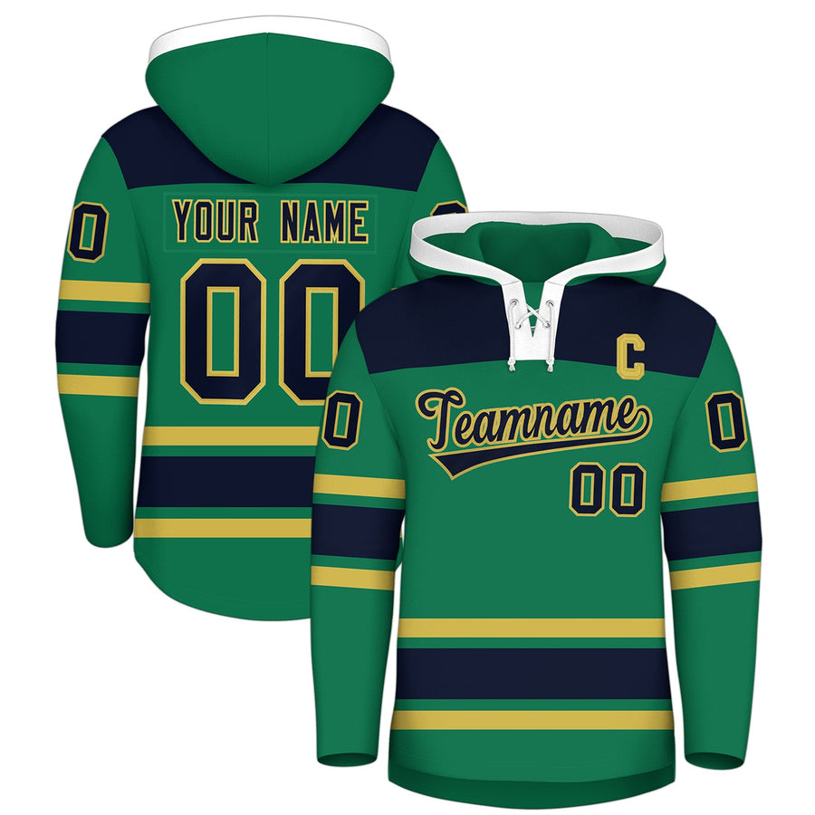 Custom Kelly Green Old Gold Raglan Sleeves Lace-Up Neck Breathable Hockey Hoodie Jersey | BuyFootballJersey