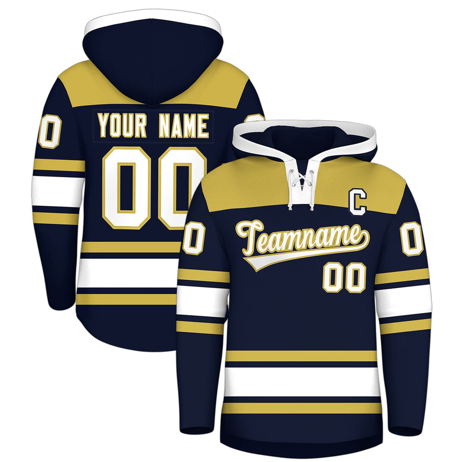 Custom Navy Old Gold Raglan Sleeves Lace-Up Neck Breathable Hockey Hoodie Jersey | BuyFootballJersey