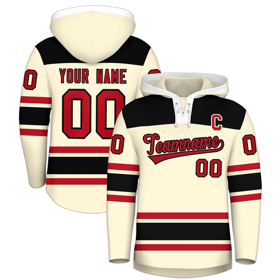 Custom Cream Black Raglan Sleeves Lace-Up Neck Breathable Hockey Hoodie Jersey | BuyFootballJersey