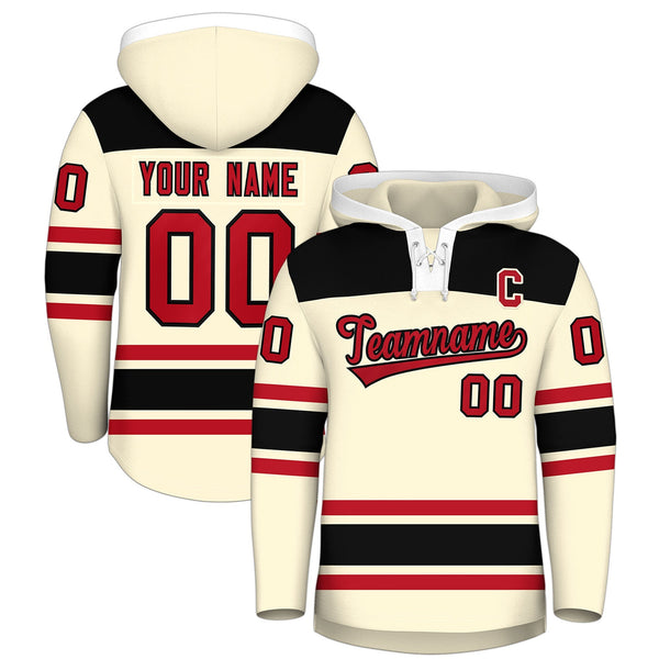 Custom Cream Black Raglan Sleeves Lace-Up Neck Breathable Hockey Hoodie Jersey | BuyFootballJersey
