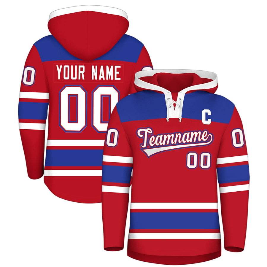 Custom Red Royal Blue Raglan Sleeves Lace-Up Neck Breathable Hockey Hoodie Jersey | BuyFootballJersey