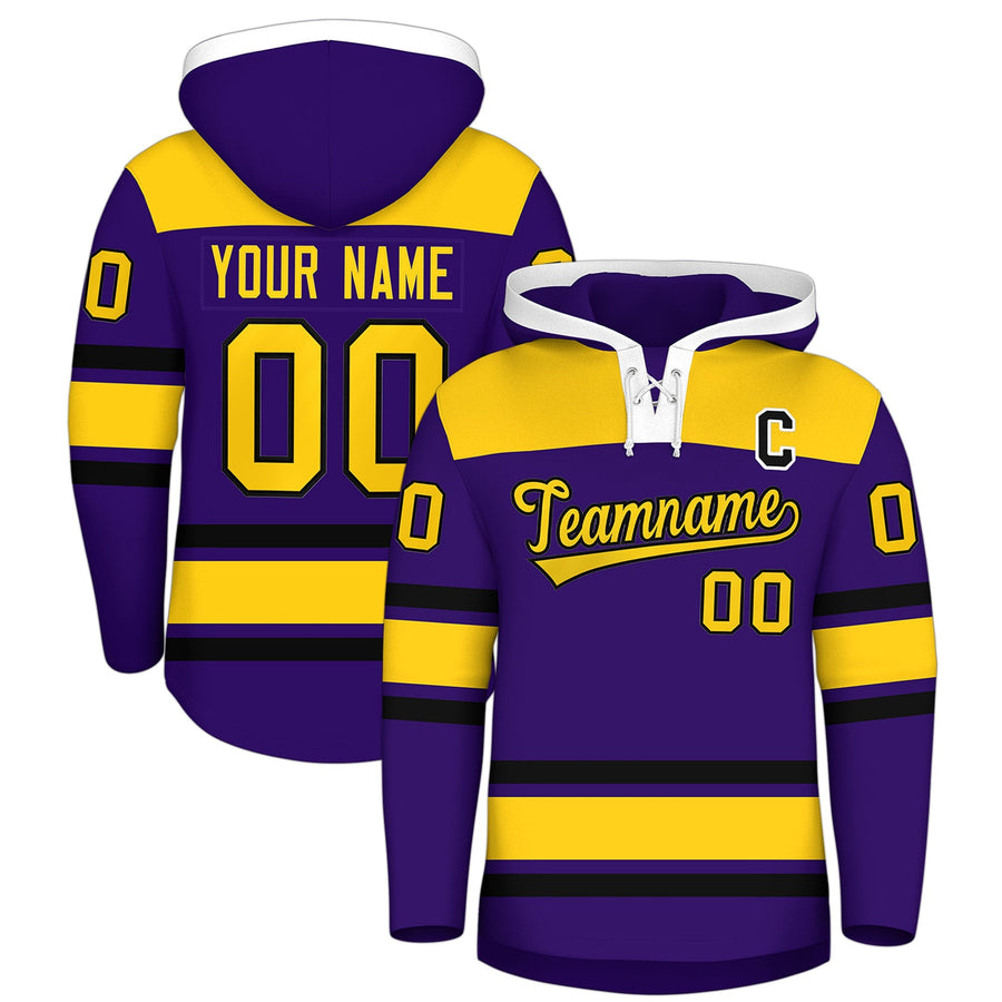 Custom Purple Gold Raglan Sleeves Lace-Up Neck Breathable Hockey Hoodie Jersey | BuyFootballJersey