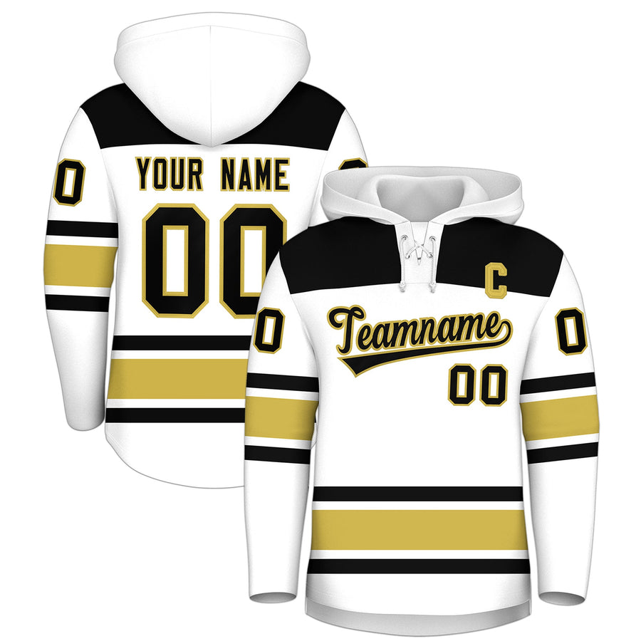 Custom White Old Gold Raglan Sleeves Lace-Up Neck Breathable Hockey Hoodie Jersey | BuyFootballJersey