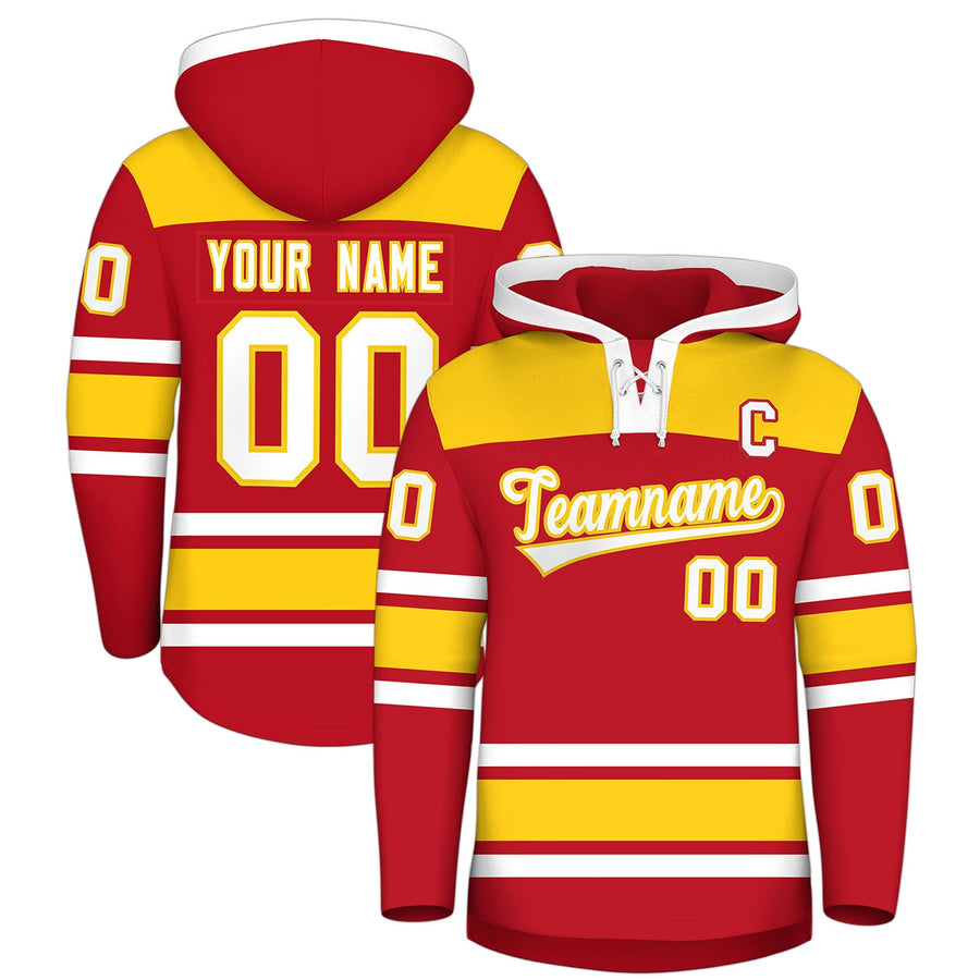 Custom Red Gold Raglan Sleeves Lace-Up Neck Breathable Hockey Hoodie Jersey | BuyFootballJersey
