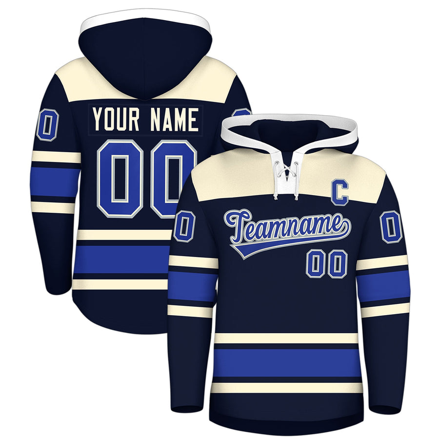 Custom Navy Cream Raglan Sleeves Lace-Up Neck Breathable Hockey Hoodie Jersey | BuyFootballJersey