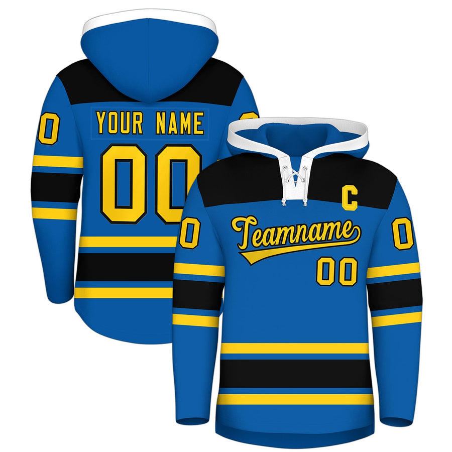 Custom Royal Black Raglan Sleeves Lace-Up Neck Breathable Hockey Hoodie Jersey | BuyFootballJersey