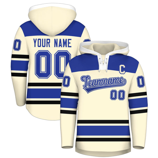 Custom Cream Royal Blue Raglan Sleeves Lace-Up Neck Breathable Hockey Hoodie Jersey | BuyFootballJersey
