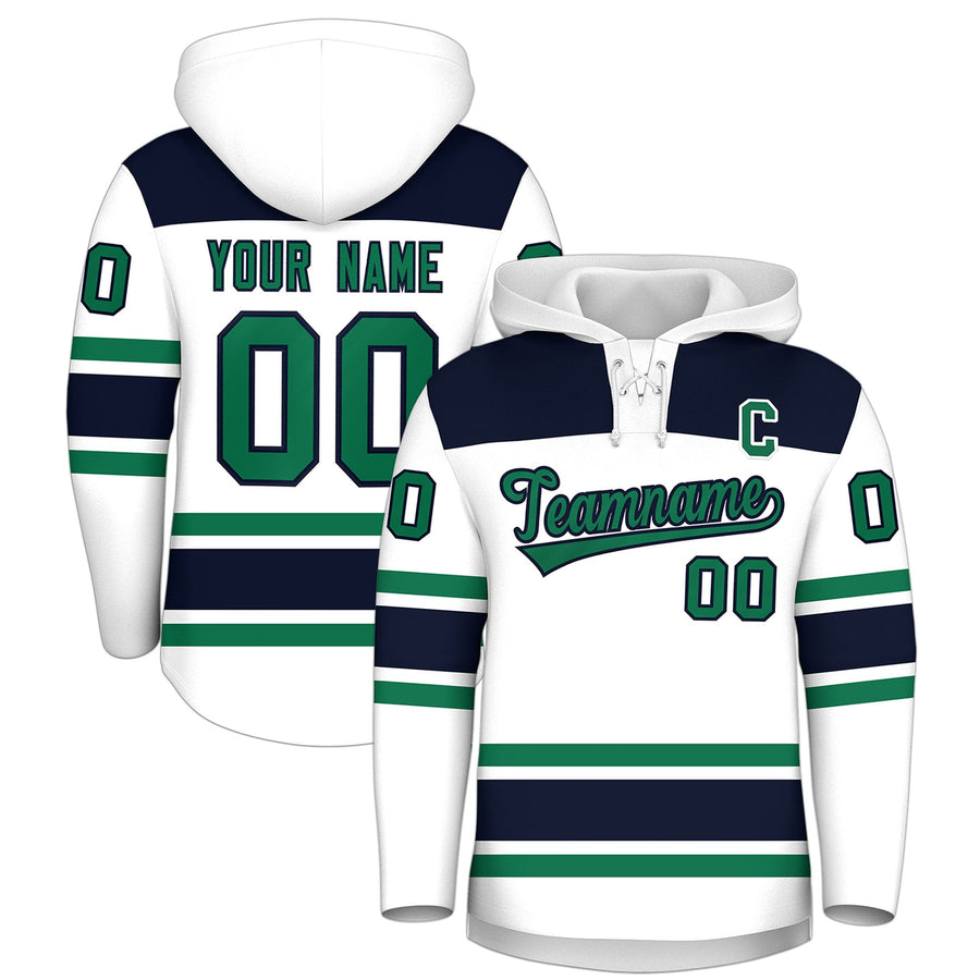 Custom White Navy Raglan Sleeves Lace-Up Neck Breathable Hockey Hoodie Jersey | BuyFootballJersey