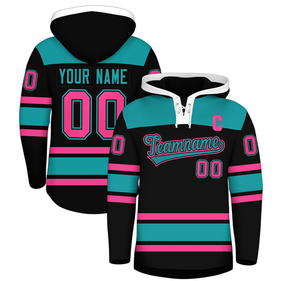 Custom Black Aqua Raglan Sleeves Lace-Up Neck Breathable Hockey Hoodie Jersey | BuyFootballJersey