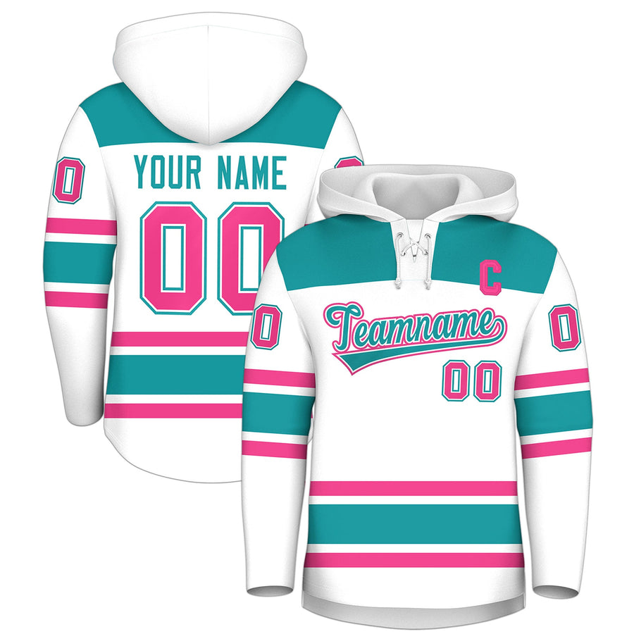 Custom White Aqua Raglan Sleeves Lace-Up Neck Breathable Hockey Hoodie Jersey | BuyFootballJersey